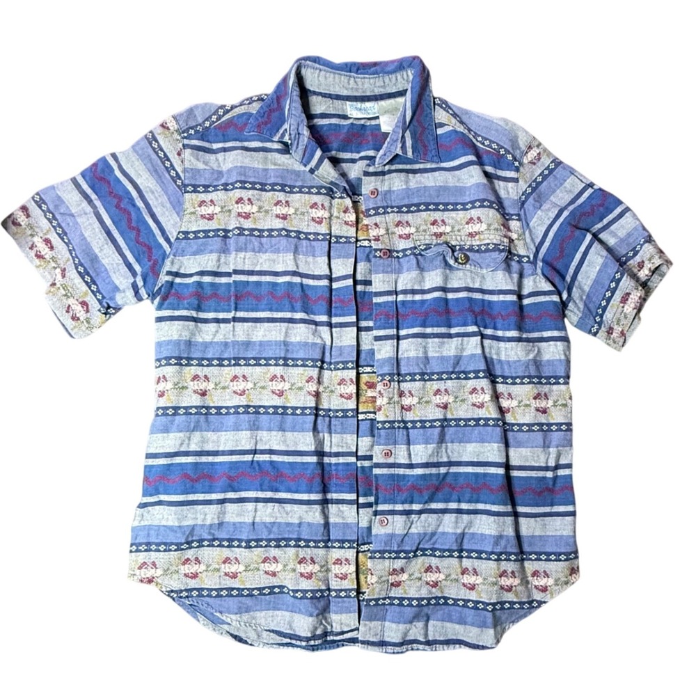Vintage Backroad Blues Striped Floral Button Up Shirt Large‎ Cottagecore